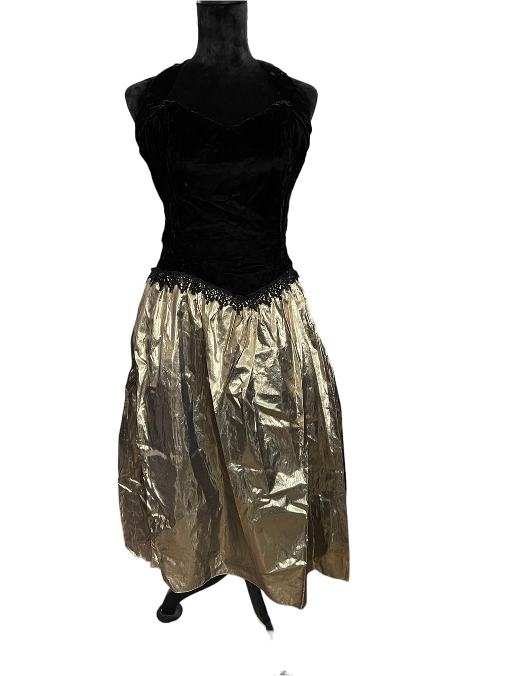 Vintage Gunne Sax Black Velvet Bodice with Metallic Gold Midi Skirt